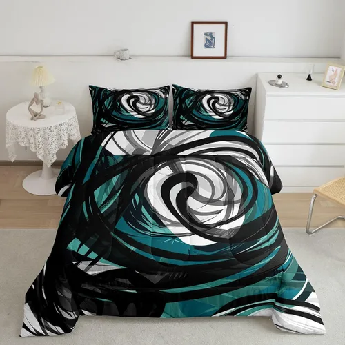 Miniatura 27 de jejeloiu Juego de edredón abstracto verde, gris y negro, tamaño individual, juego de ropa de cama de arte geométrico moderno, edredón rectangular
