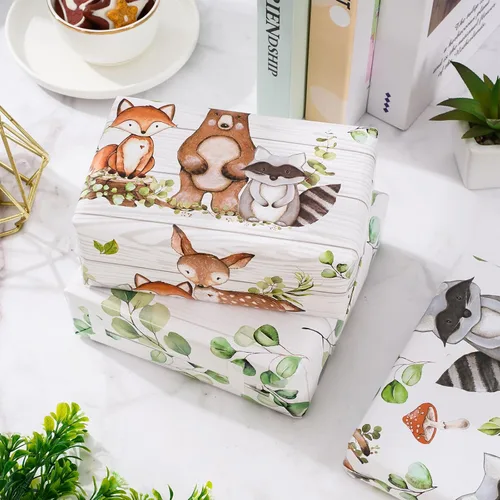 Miniatura 4 de AnyDesign 12 hojas de papel de regalo de criaturas del bosque, papel de regalo de eucalipto de animales de la selva, papel de arte plegado plano