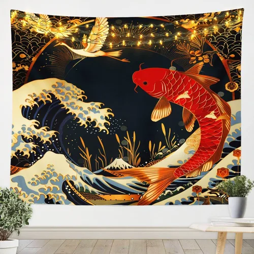 Miniatura 6 de Erosebridal Arte de pared de dragón oriental para colgar en la pared, estilo japonés, montaña, mar, océano, decoración de pared, tapiz impreso