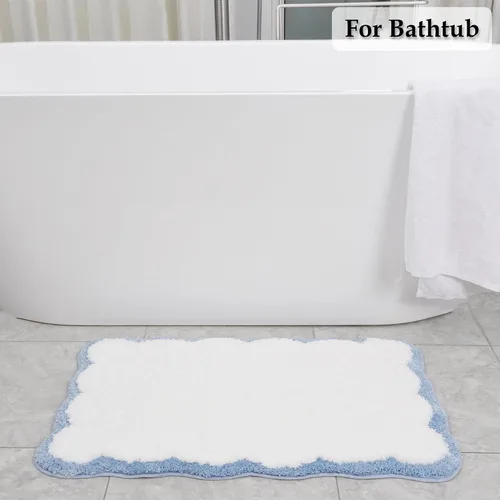 Miniatura 2 de Bonitos tapetes de baño festoneados, antideslizantes, lavables a máquina, suaves, para ducha, bañera, cocina, 24 x 17 pulgadas, color azul