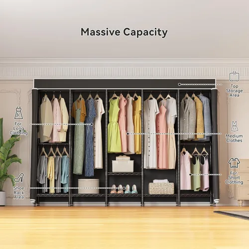 Miniatura 6 de Higeego Perchero de Ropa Resistente de 94.5" de Ancho con Cubierta, Perchero de Ropa H5C con Estantes Ajustables Armario Closet Independiente