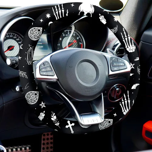 Miniatura 6 de Juego de 4 piezas de accesorios para auto con estampado de lunas negras y estrellas blancas, funda para volante con estampado de lunas negras