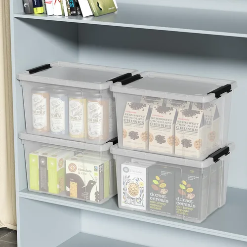 Miniatura 6 de Juego de 4 contenedores de almacenamiento de plástico con ruedas, 23 L con pestillo transparente con tapas apilables