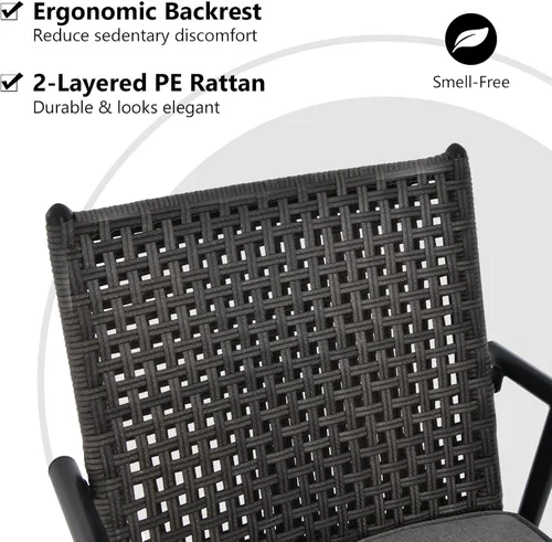 Miniatura 5 de COSTWAY Juego de 2 taburetes de bar giratorios para patio, silla de bar con marco de metal, respaldo de ratán de polietileno, cojín acolchado