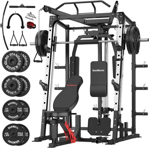 Miniatura 9 de SunHome Smith Machine, soporte para sentadillas Power Cage con barra Smith, sistemas de tracción LAT, máquina cruzada de cables y accesorio de cable