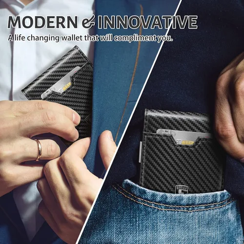 Miniatura 6 de GSOIAX Billetera delgada para hombre con bloqueo RFID, carteras plegables para hombres, minimalista, de piel auténtica, fibra de carbono, tarjetero