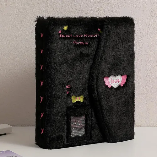 Miniatura 2 de Carpeta A5 Kpop - Álbum de fotos de felpa con 20 fundas interiores de 3 pulgadas para álbum de fotos en hojas sueltas, rellenable, 6 anillos, Negro