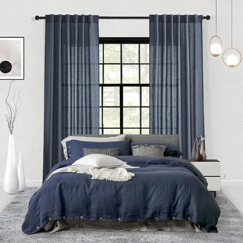 Miniatura 6 de Cortinas con pestaña trasera de 84 pulgadas de largo, mezcla de lino, juego de 2 paneles, cortinas azul oscuro extra anchas para patio, pasillo