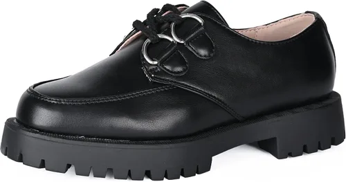 KEIIYJ Womens Loafers Black Slip on Chunky Fashion Platform Shoes with Sliver D Ring Drawstring Comfortable Round Toe Ladies Business Casual Loafer