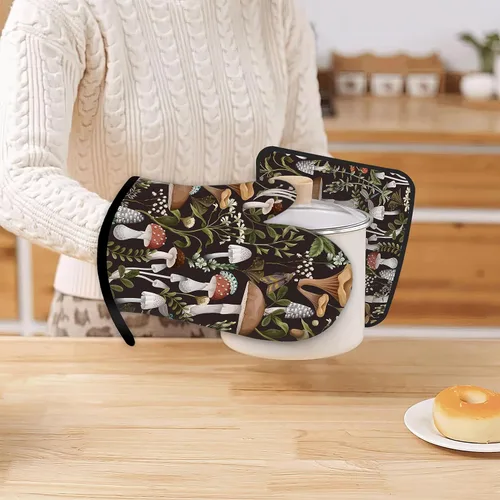 Miniatura 6 de Manoplas de horno de hongos y hojas y soportes para ollas de cocina, juego de 2 piezas, almohadilla resistente al calor para hornear, barbacoa