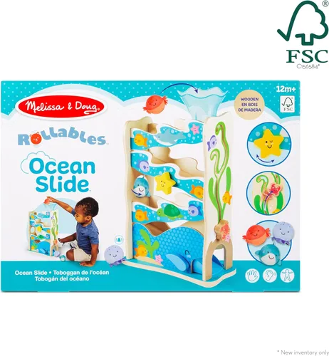 Miniatura 6 de Melissa & Doug Rollables Ocean Slide - Juguete de caída de pelotas de madera para bebé, 5 piezas de juguetes para bebés con temática oceánica