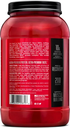 Miniatura 8 de BSN SYNTHA-6 - Proteína de suero en polvo, crema de piedra fría, sabor Remix de pastel de cumpleaños, caseína micelar, polvo aislado de proteína