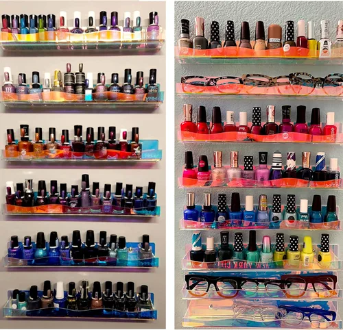 Miniatura 5 de YMVV Estante de esmalte de uñas de 15 pulgadas, estante montado en la pared, paquete de 6 organizadores de acrílico iridiscente arcoíris