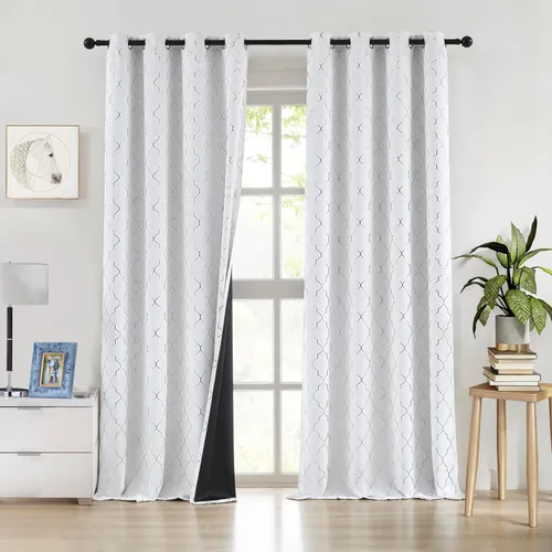 ZJDECOR - Paneles de cortina opacas para oscurecer la habitación, con estampado metálico geométrico en color plateado sobre cortinas blancas,