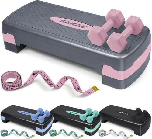 Miniatura 7 de Juego de Step Aeróbico con Mancuernas y Cinta Métrica, Altura Ajustable con Elevadores de 2 Niveles, Plataforma de Step para Ejercicios