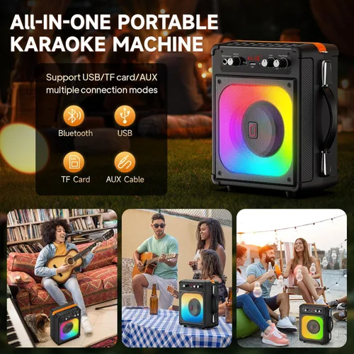 Miniatura 7 de HWWR Máquina de karaoke, altavoz Bluetooth portátil con 2 micrófonos inalámbricos para adultos y niños, máquina de cantar para fiestas y reuniones