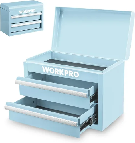 WORKPRO Caja de herramientas mini de metal, cajonera superior con dos cajones con guías de rodamiento de bolas, forros de PVC para cajones y Azul