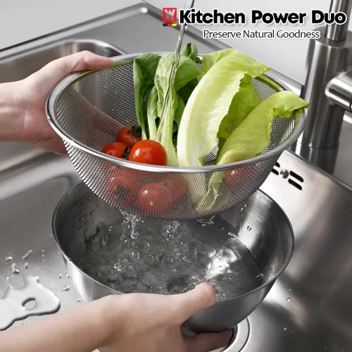 Miniatura 8 de WAGENSTEIGER Juego de tazón de acero inoxidable y colador de 3 patas, canasta de cocina multiusos con colador de malla fina, cuenco para mezclar