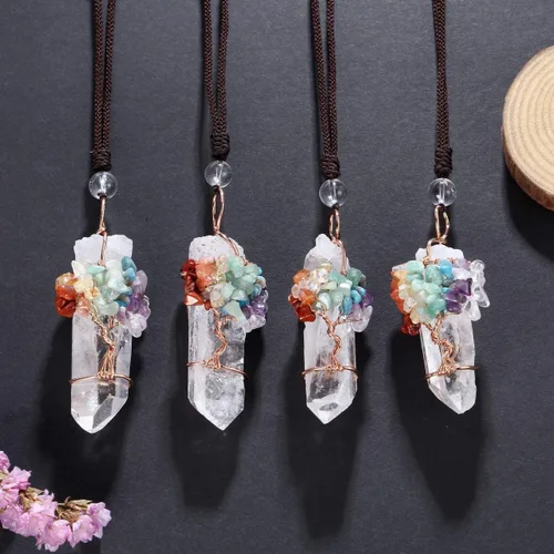 Miniatura 15 de Jovivi - Collar con dije de cuarzo de cristal natural envuelto en alambre con la forma de árbol de la vida de piedras preciosas, regalo ideal