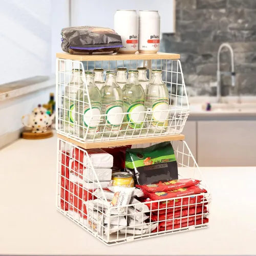 Miniatura 11 de Mefirt 2 cestas de frutas para almacenamiento de cocina con tapa de madera, cesta de pared apilable para cocina, organizador de encimera para Marrón
