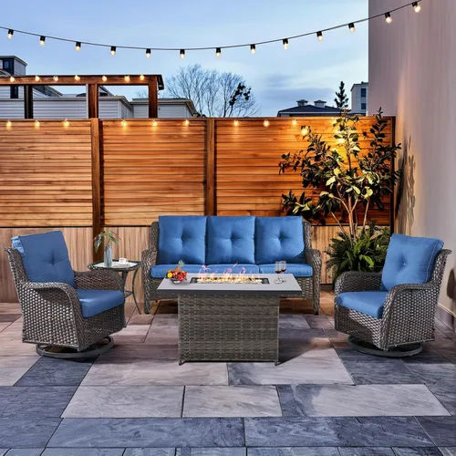 Miniatura 71 de HUMMUH Sillas Mecedoras Giratorias de Mimbre para Patio Exterior con Respaldo Alto, Sillas Deslizantes de Ratán PE, Juego de Muebles de Patio de 4