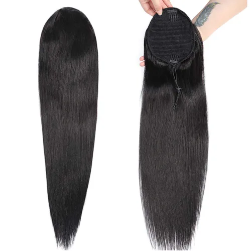 Miniatura 2 de Extensiones de pelo rizado con cordón para cola de caballo, extensiones de cabello humano para mujer con dos clips 1B# 120g/set (71cm)