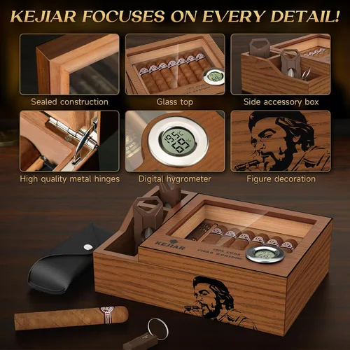 Miniatura 7 de KEJIAR Humidor de puros, estuche de escritorio de cedro con tapa de vidrio con 2 cajas de accesorios de humidor lateral con cortador de puros