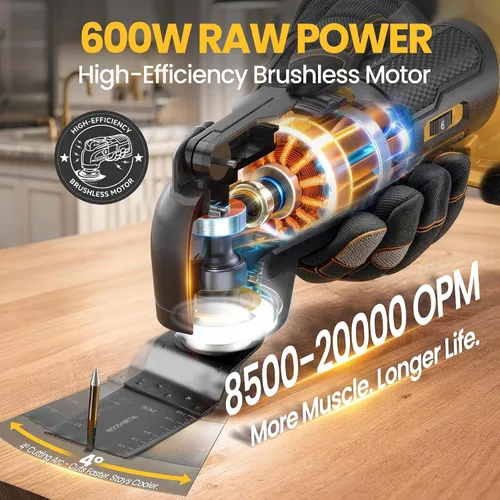 Miniatura 3 de bellaDimora Multiherramienta oscilante compatible con DeWalt 20V MAX, motor sin escobillas de 600 W (6000-20000 OPM), kit de accesorios de 23 piezas