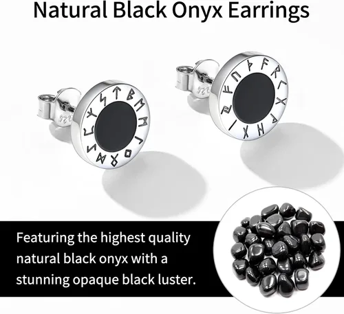 Miniatura 2 de ChicSilver Pendientes de tuerca de plata de ley 925 con runa vikinga de ónix negro natural para mujeres y hombres