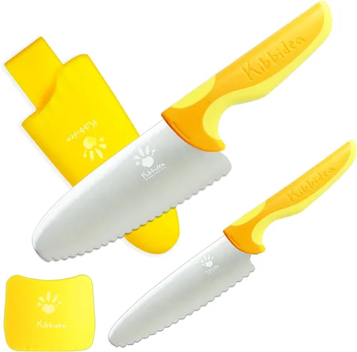 Miniatura 9 de Kibbidea Juego de cuchillos para niños, 4 cuchillos de cocina seguros para niños, punta redonda, sin BPA, acero inoxidable, azul