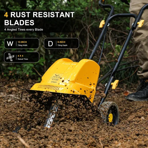 Miniatura 4 de IncwBo Garden Rototiller - Cultivador eléctrico con cable de 12 pulgadas y 10.5 amperios, ruedas ajustables, profundidad de labranza de 8 pulgadas