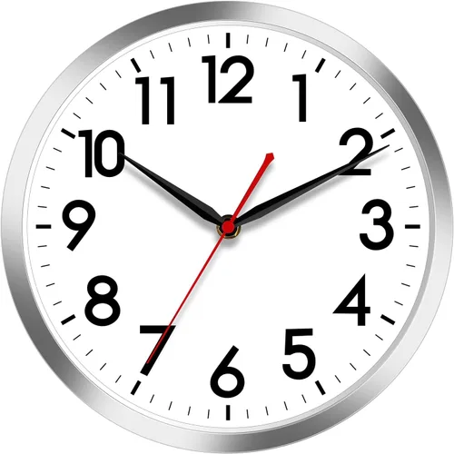 AKCISOT Reloj de pared silencioso de 10 pulgadas, funciona con pilas, sin tictac, moderno reloj plateado decorativo para cocina, baño, dormitorio,
