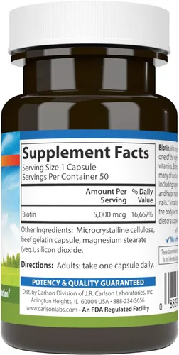 Miniatura 2 de Carlson - Biotina, 5000 mcg, cabello saludable, uñas fuertes y producción de energía, 50 cápsulas