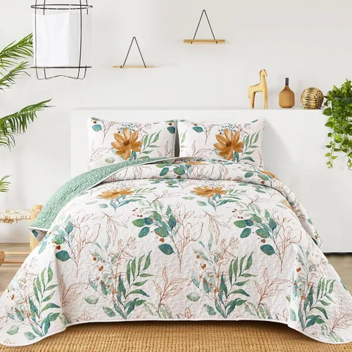 Miniatura 24 de Anibedding Juego de edredón azul tamaño King, 3 piezas reversible, elegante patrón de hojas botánicas azules, colcha de microfibra suave para toda