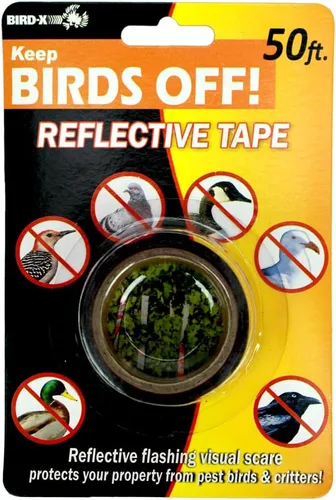 Bird-X Cinta reflectante, cinta adhesiva intermitente para asustar pájaros, cinta roja iridiscente para ataque multisensorial, fácil de instalar, 1