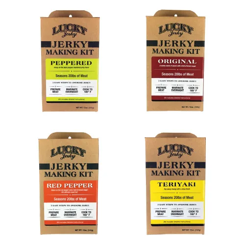 Lucky Jerky Kit de condimento y curación de cecina, paquete de 4 unidades, original, pimiento rojo, teriyaki, condimentado, temporada 80 libras de