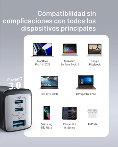 Miniatura 7 de Anker Cargador de teléfono, 65 W, 3 puertos, rápido, plegable, USB C, cargador tipo C, carga rápida para MacBook Pro/Air, iPad Pro, Galaxy S20, Dell