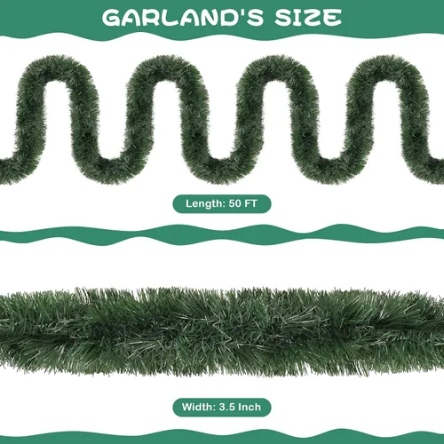 Miniatura 2 de Guirnalda de oropel de Navidad de 15,2 m, guirnalda metálica gruesa verde oscuro con diseño de torsión para árbol de Navidad, decoraciones