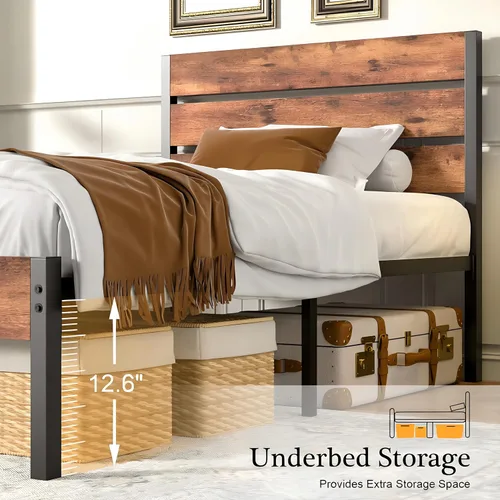 Miniatura 6 de VECELO Base de cama tamaño individual, plataforma de metal resistente con cabecera de madera, no necesita somier, color marrón antiguo