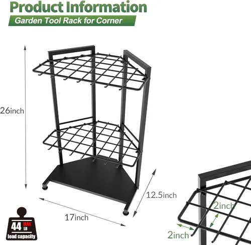 Miniatura 6 de Organizador de herramientas de jardín para esquina - Estante de metal resistente con 34 compartimentos de almacenamiento y 14 ganchos para palas