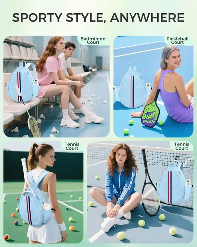 Miniatura 7 de Bolsa de tenis, mochila de tenis resistente al agua para mujeres y hombres, diseño de bandolera acolchada para tenis, pickleball, raquetas de Azul