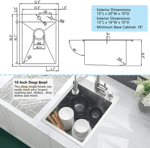 Miniatura 4 de Fregadero de barra de 15 pulgadas In-VASOYO de 15 x 20 pulgadas, fregadero de cocina pequeño de barra húmeda, fregaderos de autocaravana de acero