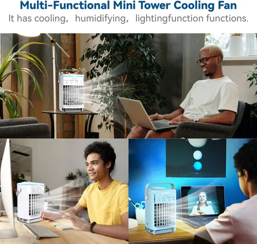 Miniatura 9 de Aire acondicionado portátil, enfriador de aire evaporativo personal con 4 velocidades de viento y luz LED, relleno superior de 23.7 fl oz, mini aire