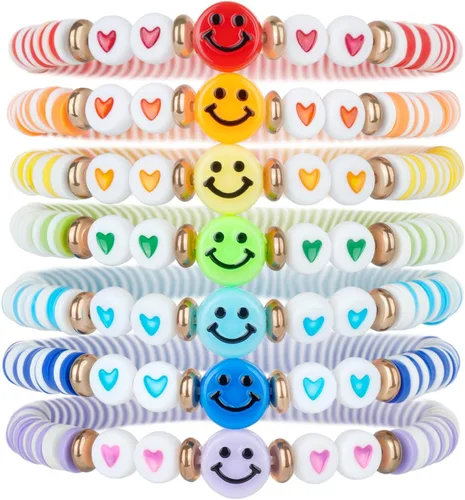 Miniatura 19 de Juego de pulseras heishi arcoíris estilo surfista para mujer, juego de pulseras apilables de cuentas de arcilla, pulseras elásticas con disco