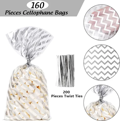 Miniatura 3 de Whaline 160 bolsas de celofán plateado con lazos torcidos, diseño de rayas onduladas, bolsas de plástico para golosinas, bolsa de dulces