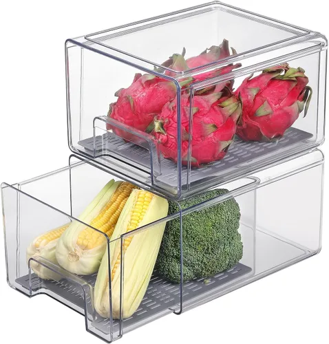 Cajones organizadores de refrigerador transparentes extraíbles con escurridor, contenedores de almacenamiento apilables para refrigerador para