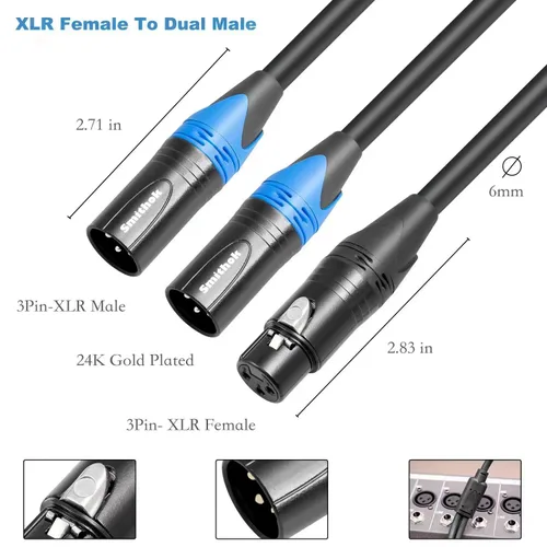 Miniatura 5 de Smithok Cable divisor XLR, hembra a doble macho Y (divisor XLR 1 hembra a 2 macho), adaptador de audio de cable divisor de micrófono equilibrado