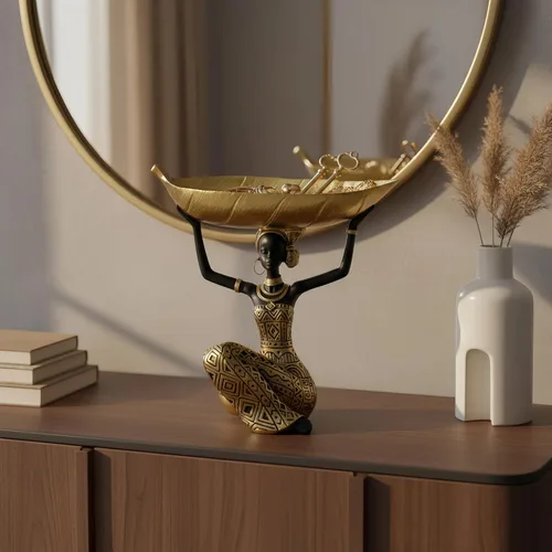 Miniatura 6 de Lescafita Escultura de mujer africana con cuenco de hoja de oro, figura de resina hecha a mano, estatua de arte tribal exótico para sala de estar