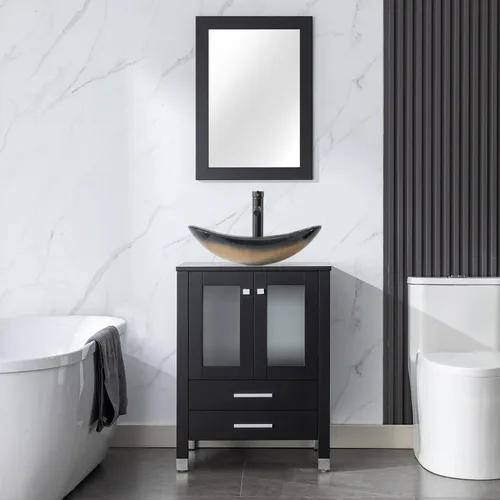Miniatura 20 de LUCKWIND Combinación de tocador de baño de 24 pulgadas con lavabo, serie elegante con marco pintado, armario de almacenamiento de baño de dos