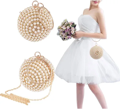 Miniatura 4 de Bolso redondo de la bola del embrague de la mujer deslumbrante completo Rhinestone borlas anillo de la manija del bolso de las perlas de la noche